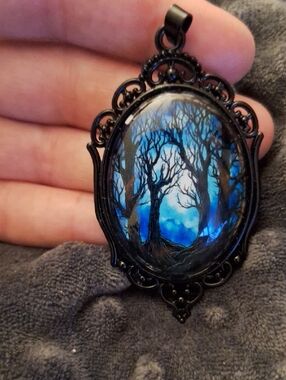 Gothic Black Filigree Pendant with Blue Moonlit Forest Art